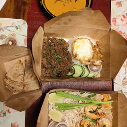 basil wagyu rice, shrimp pad thai, beef panaeng curry with roti basil wagyu rice, shrimp pad thai, beef panaeng curry with roti