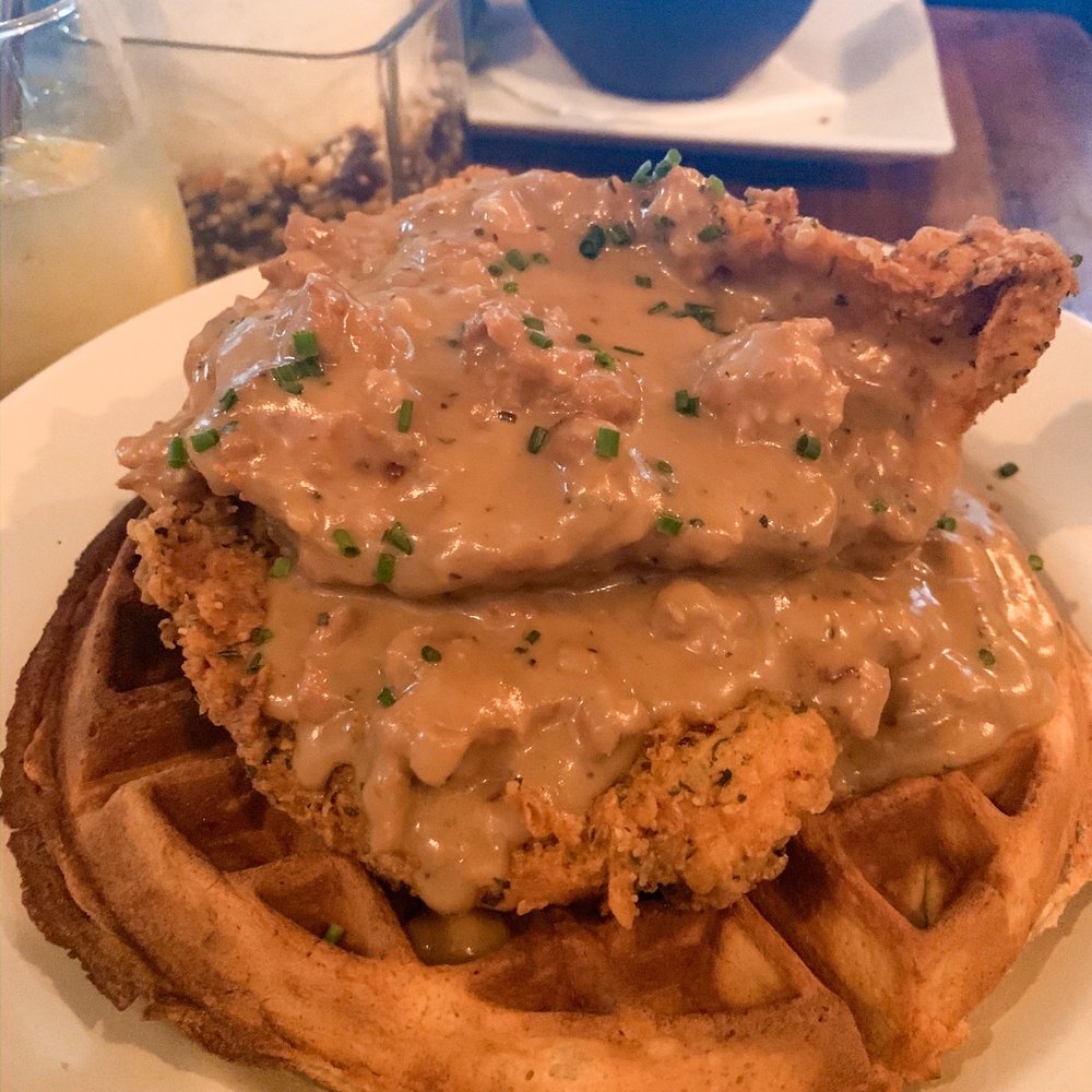 Harlem Public - Chicken and Waffles with sausage gravy - New American Near Me - New York, New York Harlem Public - Chicken and Waffles with sausage gravy - New American Near Me - New York, New York