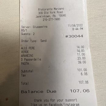 Marzano Ristorante - Bill - Italian Near Me - Jenkintown, Pennsylvania Marzano Ristorante - Bill - Italian Near Me - Jenkintown, Pennsylvania
