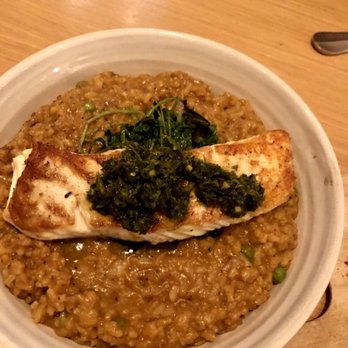 Stoke - COASTAL CATCH (Halibut) with Lobster scent Carolina rice, peas, wilted greens, gremolata - New American Near Me - Charlotte, North Carolina Stoke - COASTAL CATCH (Halibut) with Lobster scent Carolina rice, peas, wilted greens, gremolata - New American Near Me - Charlotte, North Carolina