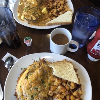 Wayfinder - Special: biscuits and gravy with chorizo gravy and sausage patties (top): meat lovers omelette (bottom). - American Near Me - Estes Park, Colorado Wayfinder - Special: biscuits and gravy with chorizo gravy and sausage patties (top): meat lovers omelette (bottom). - American Near Me - Estes Park, Colorado