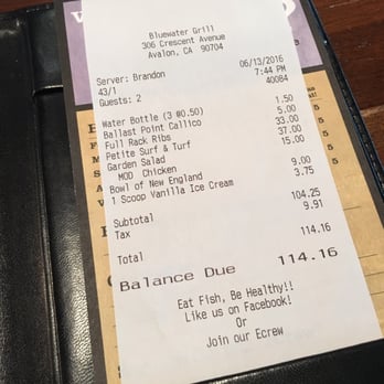 Bluewater Avalon - Bill for a family of 4 - Seafood Near Me - Avalon, California Bluewater Avalon - Bill for a family of 4 - Seafood Near Me - Avalon, California