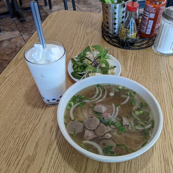 Classic Saigon - #93 - sliced beef and meatballs pho, with a coconut bubble tea - Vietnamese Near Me - Eagan, Minnesota
