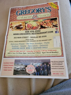 Menu photo 1 Gregory's Pizzaria & Restaurant Douglas, MA Menu photo 1 Gregory's Pizzaria & Restaurant Douglas, MA