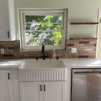 Home Renew 360 - Farmhouse sink, quartz countertops, floating wooden shelves, beautiful new paint on walls, windows, and ceiling, - General Contractors Near Me - Long Beach, California Home Renew 360 - Farmhouse sink, quartz countertops, floating wooden shelves, beautiful new paint on walls, windows, and ceiling, - General Contractors Near Me - Long Beach, California