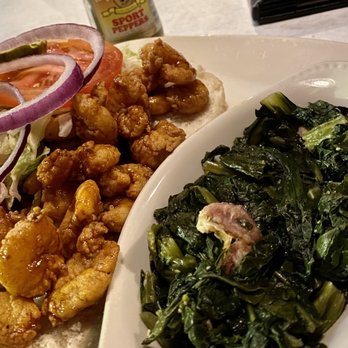 Half Shell Oyster House - Voodoo Shrimp Po-Boy and Mustard Greens - Cajun/Creole Near Me - Mobile, Alabama