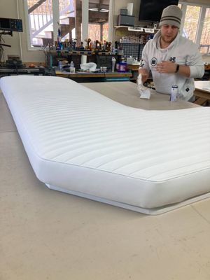 Customized Solutions Available - Interested in an updated look and feel for your boat cushions. Robie can design and sew any customer chosen pattern using our CAD software tools. We design the pattern in CAD and print the design in erasable ink on the vinyl to be able to sew the desired look. This customer chose a contrasting thread color on a square pattern. The other sample is a mockup of a circular diamond pattern. Customized Solutions Available - Interested in an updated look and feel for your boat cushions. Robie can design and sew any customer chosen pattern using our CAD software tools. We design the pattern in CAD and print the design in erasable ink on the vinyl to be able to sew the desired look. This customer chose a contrasting thread color on a square pattern. The other sample is a mockup of a circular diamond pattern.