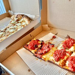 Blue Square Pizza - Bianca & half roni/half sausage Detroit-style