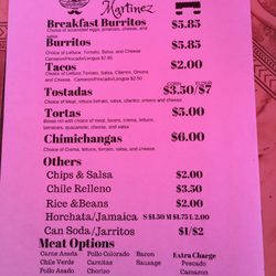 Taqueria Martinez - Menu as of 9/23/18