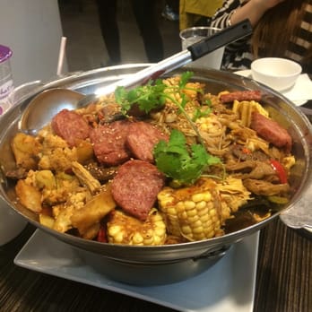 Tasty Dining - Spicy pork intestine w spam, curds, corn, and mushroom - Szechuan Near Me - San Gabriel, California