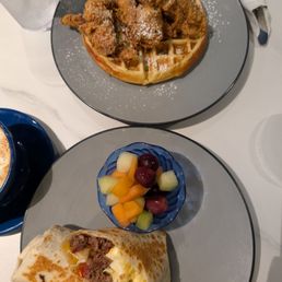 Chicken and waffles, breakfast burrito