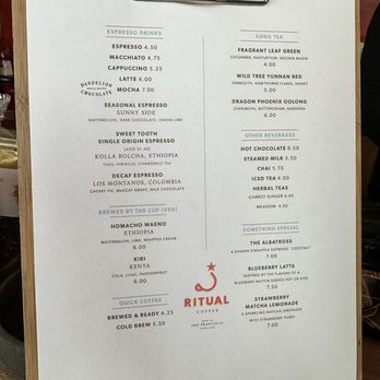 Ritual Coffee Roasters - Menu as of 8/4/23 - Coffee Roasteries Near Me - San Francisco, California Ritual Coffee Roasters - Menu as of 8/4/23 - Coffee Roasteries Near Me - San Francisco, California