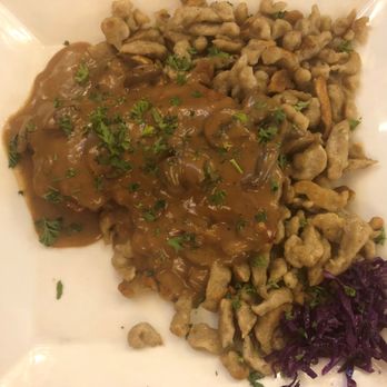 Alps Village - Jaegerschnitzel (veal) with spatzele & red cabbage. - German Near Me - Palm Desert, California