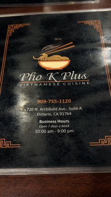 Menu photo 4 Pho K Plus Ontario, CA