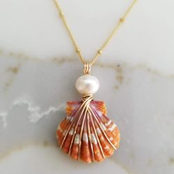Beachwalk Gallery Hawaii - "Coral Rise" A Champaign Pearl from the South Seas on this ultra rare top of the Hawaiian Sunrise Scallop Shell.
