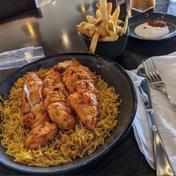 Chicken Rice Bowl with inferno sauce, Peri Peri Fries Chicken Rice Bowl with inferno sauce, Peri Peri Fries
