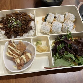 Tokyo In April - Bento box (beef teriyaki, spicy salmon roll, chicken karaage, spring mix salad) - Japanese Near Me - Vancouver, British Columbia
