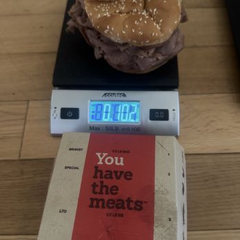 Arby's - Half Pound Roast Beef is supposed to have 8 oz of slices roast beef meat, my QC test testing the weight - Fast Food Near Me - Torrance, California Arby's - Half Pound Roast Beef is supposed to have 8 oz of slices roast beef meat, my QC test testing the weight - Fast Food Near Me - Torrance, California