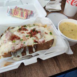 Spectacular Tubers - Chicken Cordon Bleu potato with some shrimp & corn soup
