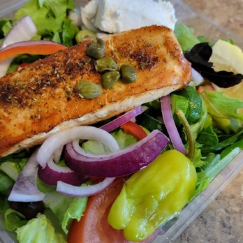 Pita Pitaki - Huge and awesome! The large Greek salad with salmon. - Greek Near Me - Long Beach, California Pita Pitaki - Huge and awesome! The large Greek salad with salmon. - Greek Near Me - Long Beach, California