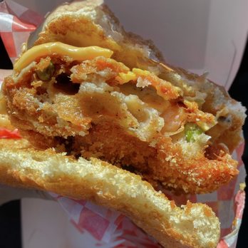 Grand One - Grandone Fried Chicken - Shrimp Sandwich, very crunchy with peas & cheese inside toasted buns. Overly dry but maybe it was over-fried. - Chicken Shop Near Me - North York, Ontario