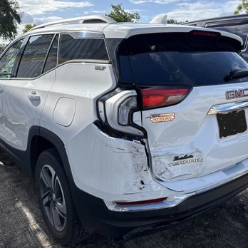 Damian Paint & Body - Rear end damage to 2021 GMC Terrain. Before repairs were completed - Body Shops Near Me - Clute, Texas Damian Paint & Body - Rear end damage to 2021 GMC Terrain. Before repairs were completed - Body Shops Near Me - Clute, Texas