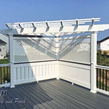 HNH Deck & Porch - Deck with white vinyl pergola and iLighting - https://hnhdeckandporch.com/gallery.html - Decks & Railing Near Me - Laurel, Maryland HNH Deck & Porch - Deck with white vinyl pergola and iLighting - https://hnhdeckandporch.com/gallery.html - Decks & Railing Near Me - Laurel, Maryland