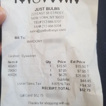 Just Bulbs-The Light Bulb Store - Receipts - Lighting Fixtures & Equipment Near Me - New York, New York Just Bulbs-The Light Bulb Store - Receipts - Lighting Fixtures & Equipment Near Me - New York, New York