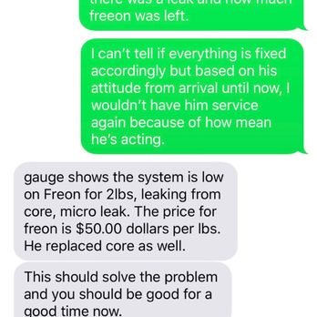 E & A Mechanical - This was her follow up text after I gave the tech the green light. $50/lb, $50llbvs $50 to fill is a big difference. - Heating & Air Conditioning/HVAC Near Me - Tujunga, California