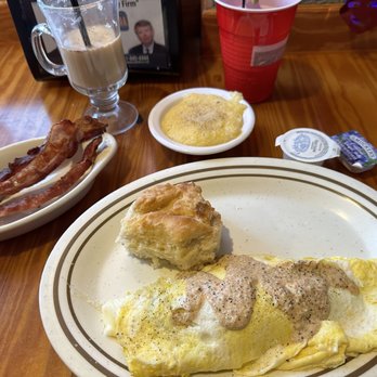 Bobs Downtown Restaurant - Seafood omelet, buttermilk biscuit, grits, bacon and Irish Coffee. - New American Near Me - Mobile, Alabama