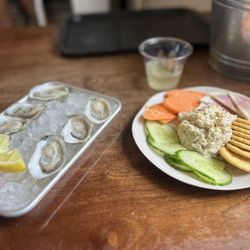 Oysters and smoked fish dip with white wine