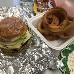 Mushroom tip burger with side of onion rings (separate order)