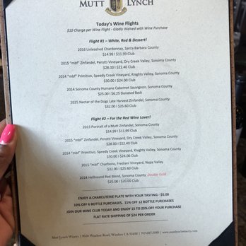 Mutt Lynch Winery - Tasting menu - Wineries Near Me - Windsor, California