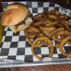 Boots Bar & Grill - BBQ burger with onion strings, pepper jack cheese and bacon.  Just say YES!