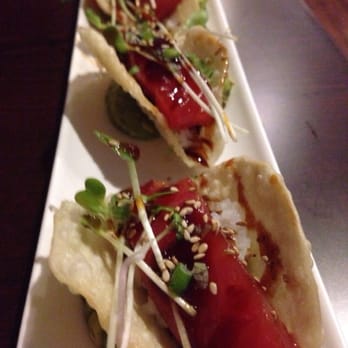 Fusion - Ahi Tuna Tacos - a creative blend of fried wonton, ahi tuna, and teriyaki sauce - Sushi Bars Near Me - Cockeysville, Maryland