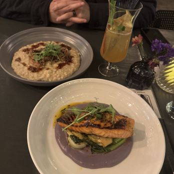 Benchmark - duck risotto 9/10 salmon with japanese potato 10/10 - New American Near Me - Santa Ana, California