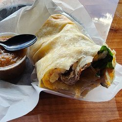 Renegade Coffee Company - The Monster Burrito with egg, cheese, chicken, potato, mushroom, tomato, and a hint of sour cream