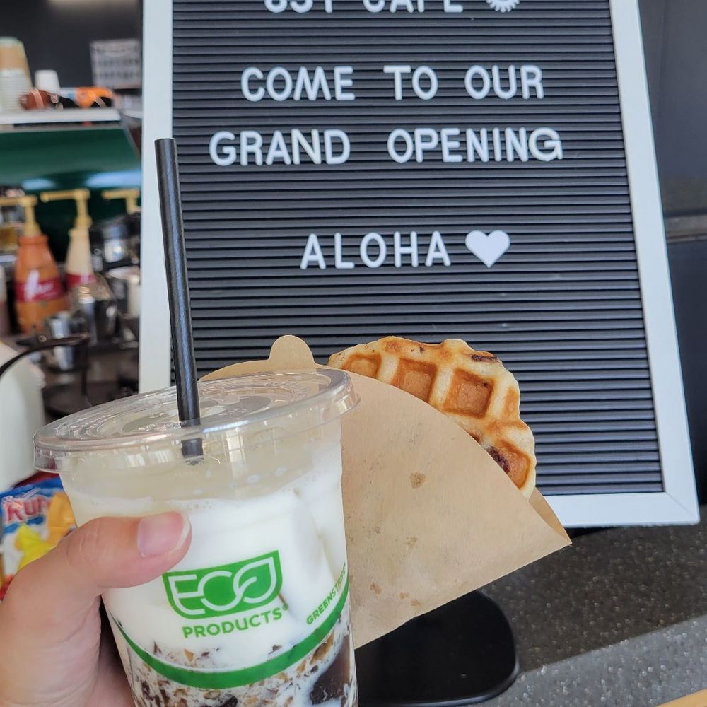 831 Cafe - Grand opening sign of 831cafe with an Iced Cloud Coffee Drink ($5.79) and an 831 Original Waffle ($3.50). - Cafes Near Me - Kapolei, Hawaii