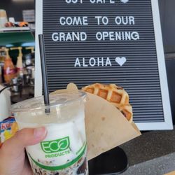 831 Cafe - Grand opening sign of 831cafe with an Iced Cloud Coffee Drink ($5.79) and an 831 Original Waffle ($3.50).