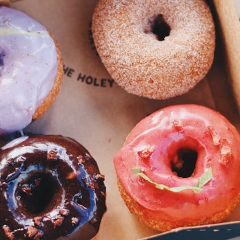 Holey Grail Donuts - (From Top Left Going Clockwise) Love Letter No. 9, Saffron Snickerdoodle, Schrute Farms, Chocolate Crunch. - Vegan Near Me - Hanalei, Hawaii