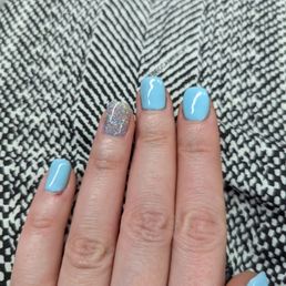 Gel manicure, color: free spirit (more like a Robin's egg blue in person, slightly brighter in picture) and sparkle was #59 I think. Gel manicure, color: free spirit (more like a Robin's egg blue in person, slightly brighter in picture) and sparkle was #59 I think.