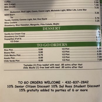 La Casita - Menu with drinks, desserts, and to go orders. - Mexican Near Me - Alpine, Texas