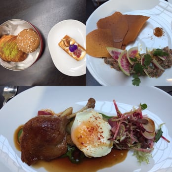 Spoon and Stable - Upper left: pistachio croissant, brioche, passion fruit tar; upper right: bison tartar; duck confit - New American Near Me - Minneapolis, Minnesota Spoon and Stable - Upper left: pistachio croissant, brioche, passion fruit tar; upper right: bison tartar; duck confit - New American Near Me - Minneapolis, Minnesota