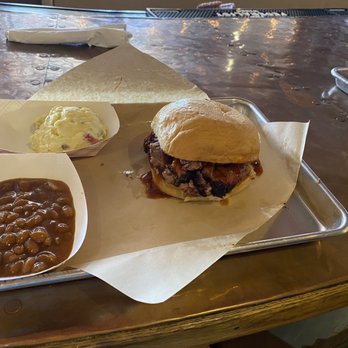 Backdraft Barbeque - Brisket Sandwich, potato salad, and baked beans. Perfectly seasoned and cooked to perfect - Barbeque Near Me - Roswell, New Mexico