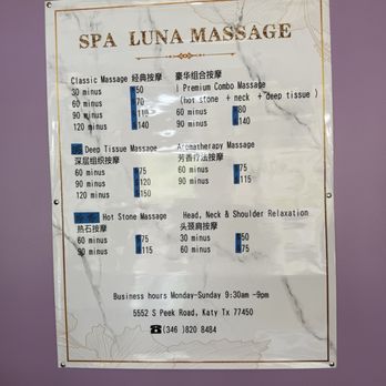 Spa Luna Massage - Massage menu and prices - Massage Near Me - Katy, Texas