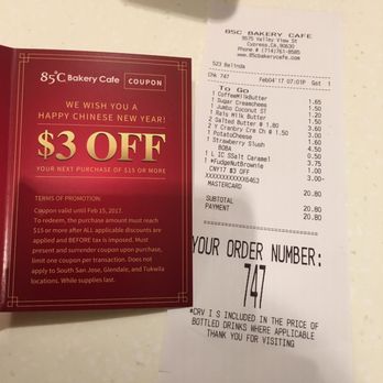 85°C Bakery Cafe-Cypress - Coupon + receipt - Coffee & Tea Near Me - Cypress, California 85°C Bakery Cafe-Cypress - Coupon + receipt - Coffee & Tea Near Me - Cypress, California