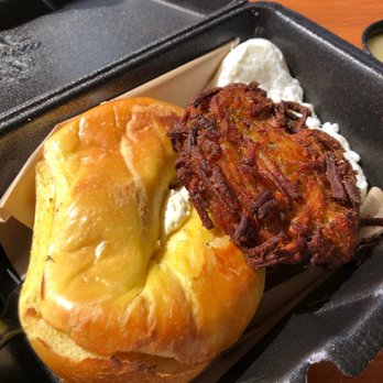 The Bagel Shop Bakery - Breakfast special- challah bagel w regular cream cheese, latke, and poached eggs - Bakeries Near Me - Houston, Texas The Bagel Shop Bakery - Breakfast special- challah bagel w regular cream cheese, latke, and poached eggs - Bakeries Near Me - Houston, Texas