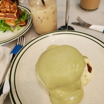 Basilur - matcha souffle pancakes and iced Spanish latte - Coffee & Tea Near Me - Buena Park, California