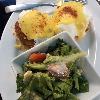The Gate House - Eggs Benedict and salad with crab cakes - Burgers Near Me - Rochester, New York The Gate House - Eggs Benedict and salad with crab cakes - Burgers Near Me - Rochester, New York