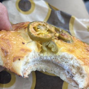 Einstein Bros. Bagels - Jalepeno cheese bagel with plain cream cheese shmear. Very tasety! - Bagels Near Me - Torrance, California Einstein Bros. Bagels - Jalepeno cheese bagel with plain cream cheese shmear. Very tasety! - Bagels Near Me - Torrance, California